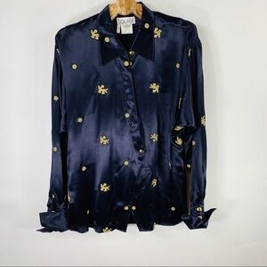 Navy Satin Blouse Gold Embroidered Dragons Vtg GOT